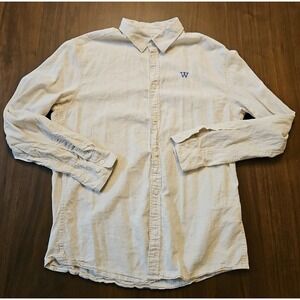 H&M Slim‎ Fit Beige Linen Cotton Buttun Up Shirt Large  Univ. Of Washington Logo
